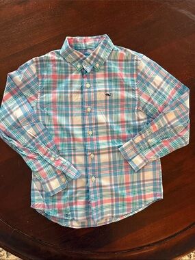 Vineyard Vines Kids Plaid Button-Down in Pink & Aqua Blue